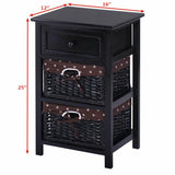 3 Tiers Wooden Storage Nightstand with 2 Baskets and 1 Drawer-black