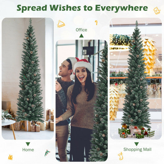 Snowy Artificial Pencil Christmas Tree with Pine Cones-7 ft