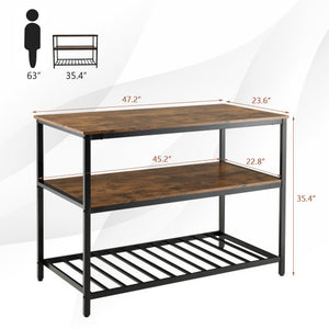 3 Shelves Kitchen Island Industrial Prep Table with Bottom Wine Rack-Rustic Brown
