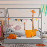 Twin House Bed Frame with Trundle Roof Wooden Platform Mattress Foundation-Gray