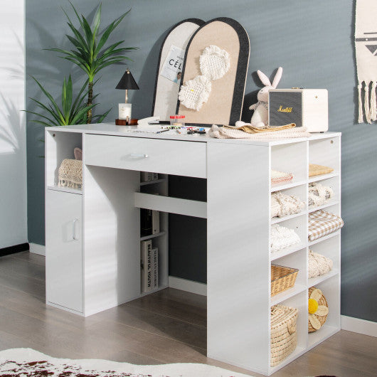 Counter Height Sewing Craft Table Computer Desk with Adjustable Shelves and Drawer-White
