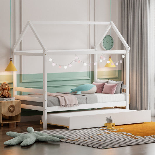 Twin House Bed Frame with Trundle Roof Wooden Platform Mattress Foundation-White