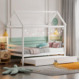 Twin House Bed Frame with Trundle Roof Wooden Platform Mattress Foundation-White