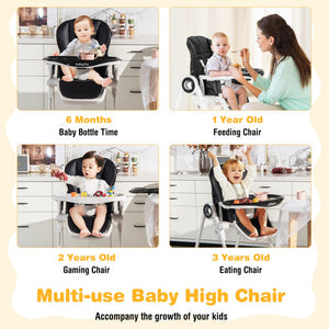 Baby High Chair Foldable Feeding Chair with 4 Lockable Wheels-Black