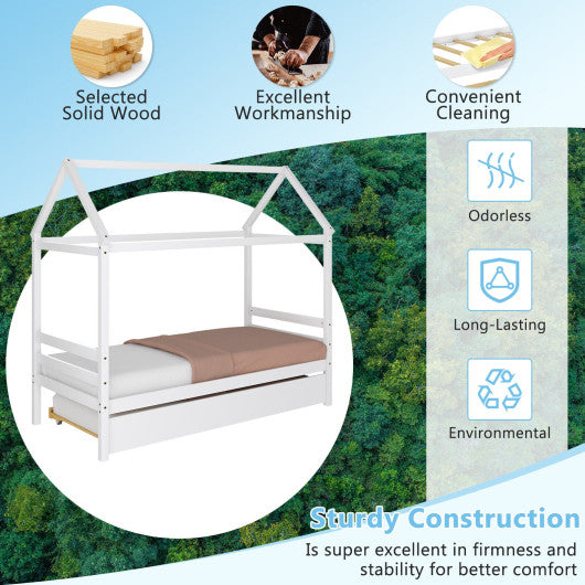 Twin House Bed Frame with Trundle Roof Wooden Platform Mattress Foundation-White