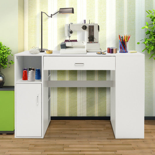 Counter Height Sewing Craft Table Computer Desk with Adjustable Shelves and Drawer-White