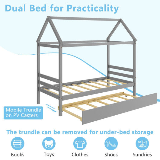 Twin House Bed Frame with Trundle Roof Wooden Platform Mattress Foundation-Gray