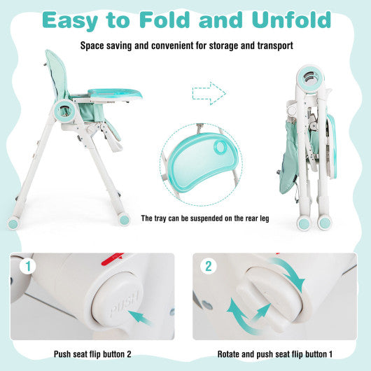 Baby High Chair Foldable Feeding Chair with 4 Lockable Wheels-Green