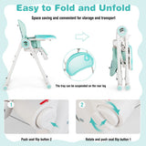 Baby High Chair Foldable Feeding Chair with 4 Lockable Wheels-Green