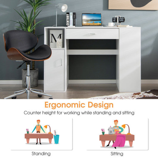 Counter Height Sewing Craft Table Computer Desk with Adjustable Shelves and Drawer-White