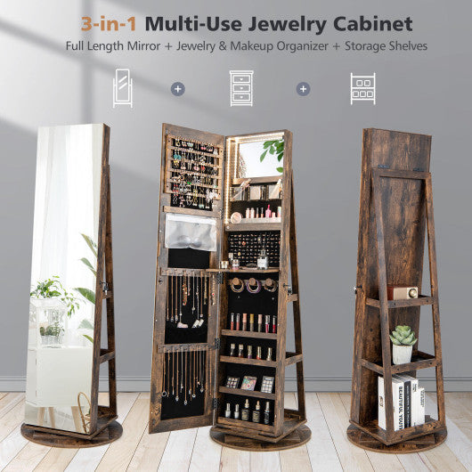 360 ° Rotating Mirrored Jewelry Cabinet Armoire 3 Color LED Modes Lockable-Brown