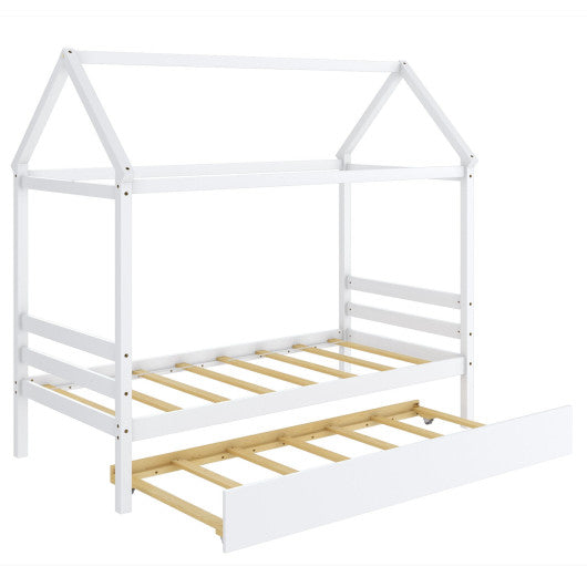Twin House Bed Frame with Trundle Roof Wooden Platform Mattress Foundation-White