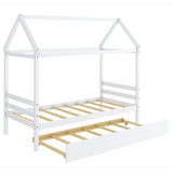 Twin House Bed Frame with Trundle Roof Wooden Platform Mattress Foundation-White