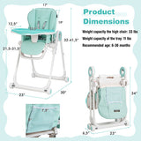 Baby High Chair Foldable Feeding Chair with 4 Lockable Wheels-Green