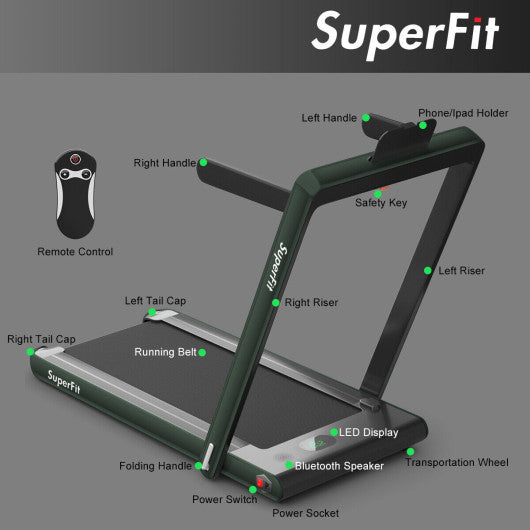 2.25HP 2 in 1 Folding Treadmill with APP Speaker Remote Control-Green