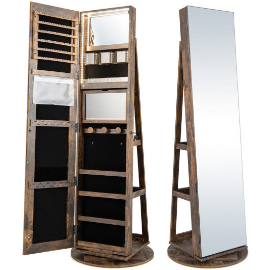 360 ° Rotating Mirrored Jewelry Cabinet Armoire 3 Color LED Modes Lockable-Brown