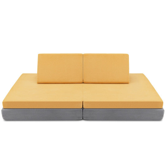 4 Pieces Convertible Kids Couch Set with 2 Folding Mats-Yellow