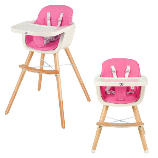 3-in-1 Convertible Wooden High Chair with Cushion-Pink