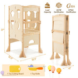 Folding Wooden Step Stool with Lockable Safety Rail for Toddler 3+-Natural