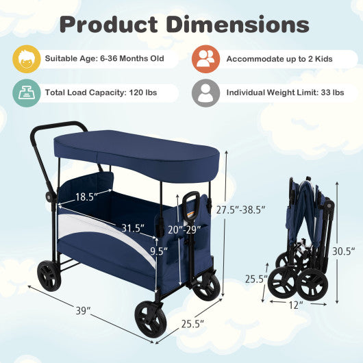 2-Seat Stroller Wagon with Adjustable Canopy and Handles-Navy