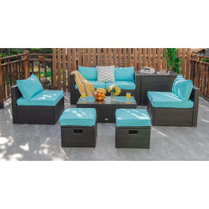 8 Pieces Patio Space-Saving Rattan Furniture Set with Storage Box and Waterproof Cover-Turquoise