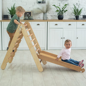 2in1 Montessori Climbing Set: Triangle Ladder + Slide Board/Ramp – Beige
