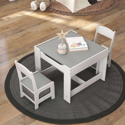 Kids Table Chairs Set With Storage Boxes Blackboard Whiteboard Drawing-White