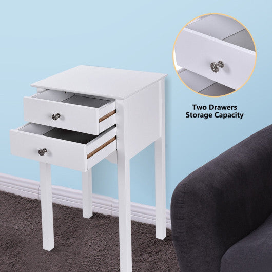 Side Table End Accent Table with 2 Drawers-White